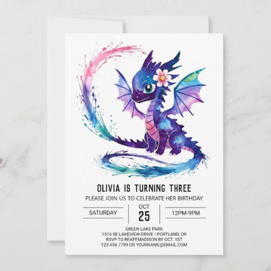 Invitation Aquarelle rose Dragon Digital Girl Anniversaire (Devant)