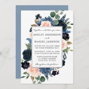 Invitation Aquarelle rose Dusty Bleu Mariage de cadre Floral