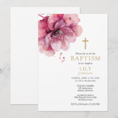 Invitation Aquarelle Rose Dusty moderne Baptême floral (Devant / Derrière)