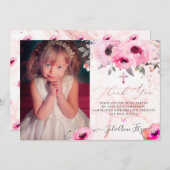 Invitation Aquarelle rose eau Roses Communion Merci (Devant / Derrière)