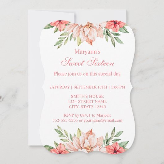 Invitation Aquarelle rose élégant Floral Sweet 16 (Devant)