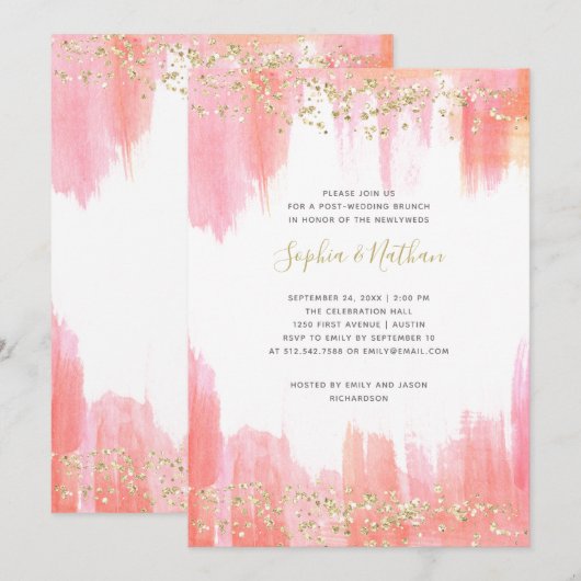 Invitation Aquarelle rose élégante| Gold Post Mariage Brunch (Devant / Derrière)