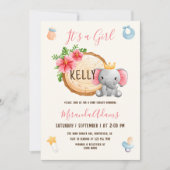 Invitation Aquarelle rose Eléphant Baby shower fille (Devant)