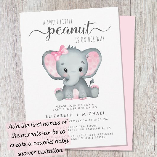 Invitation Aquarelle rose éléphant Bébé Fille Douche
