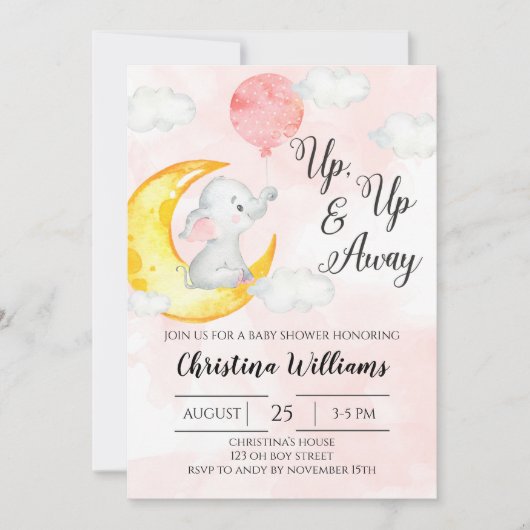 Invitation Aquarelle rose en haut Baby shower Eléphant Girl (Devant)