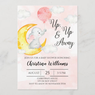 Invitation Aquarelle rose en haut Baby shower Eléphant Girl
