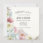 Invitation Aquarelle rose en rose pâle, Mariage blanc crème (Devant)