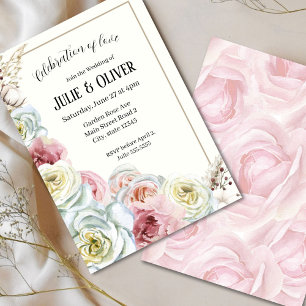 Invitation Aquarelle rose en rose pâle, Mariage blanc crème