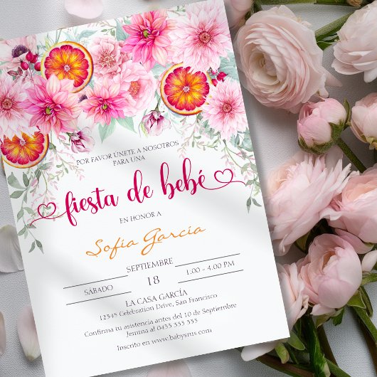 Invitation Aquarelle rose et agrumes Baby shower espagnol
