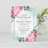 Invitation Aquarelle rose et argent Mariage floral (Debout devant)