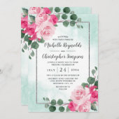 Invitation Aquarelle rose et argent Mariage floral (Devant / Derrière)