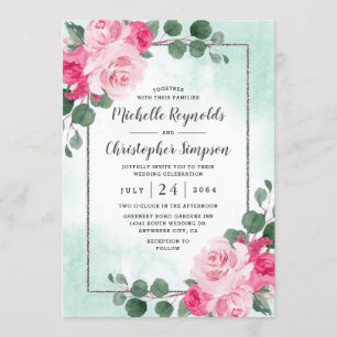 Invitation Aquarelle rose et argent Mariage floral