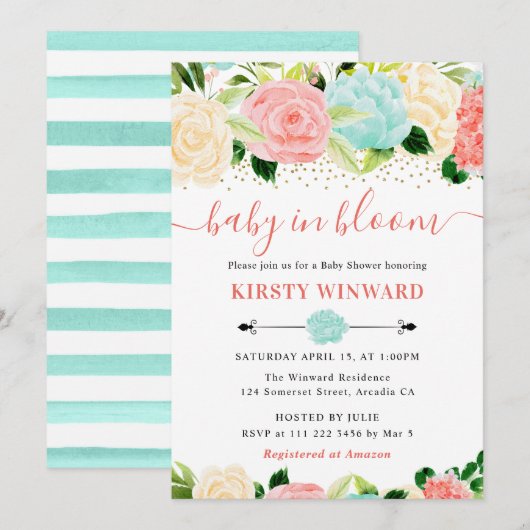 Invitation Aquarelle rose et Baby shower de fleurs de menthe (Devant / Derrière)