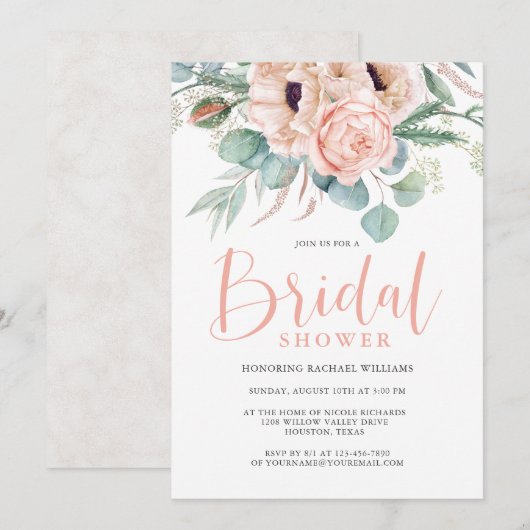 Invitation Aquarelle rose et beige Fête des mariées florale (Devant / Derrière)