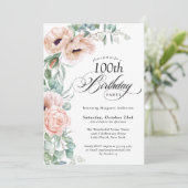 Invitation Aquarelle rose et beige Floral 100e anniversaire (Debout devant)