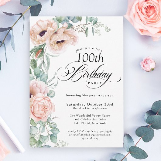 Invitation Aquarelle rose et beige Floral 100e anniversaire