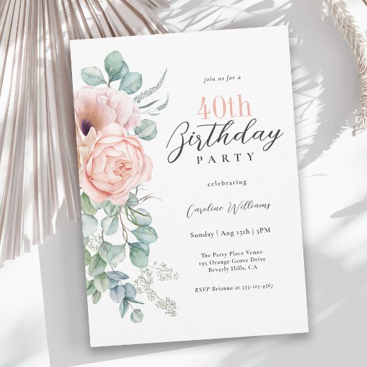 Invitation Aquarelle rose et beige Floral 40e anniversaire