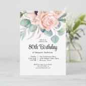 Invitation Aquarelle rose et beige Floral 80e anniversaire (Debout devant)