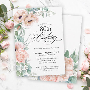 Invitation Aquarelle rose et beige Floral 80e anniversaire