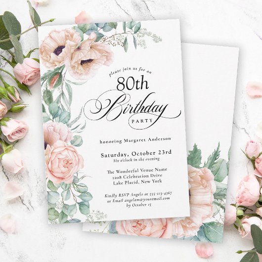 Invitation Aquarelle rose et beige Floral 80e anniversaire