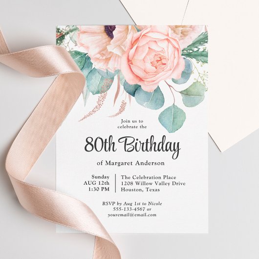 Invitation Aquarelle rose et beige Floral 80e anniversaire