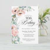 Invitation Aquarelle rose et beige Floral 90e anniversaire (Debout devant)