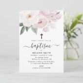 Invitation aquarelle rose et blanc floral baptême (Debout devant)