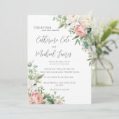 Invitation Aquarelle rose et blanc Mariage floral (Debout devant)