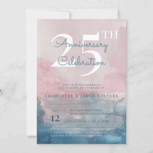 Invitation Aquarelle rose et bleu 25e anniversaire (Devant)