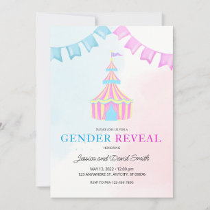 Invitation Aquarelle rose et bleu Cirque Tente Genre Révélati