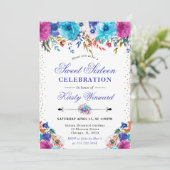 Invitation Aquarelle rose et bleu Fleurs doux 16 (Debout devant)