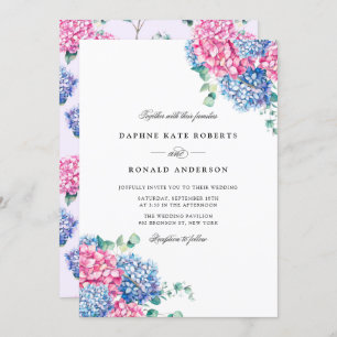 Invitation Aquarelle rose et bleu Hydrangeas Mariage
