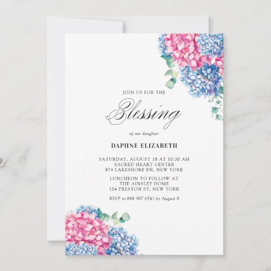 Invitation Aquarelle rose et bleu Hydrangée Blessure bébé (Devant)