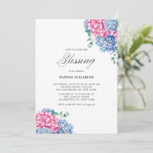Invitation Aquarelle rose et bleu Hydrangée Blessure bébé (Debout devant)