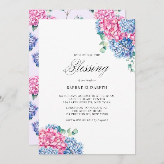 Invitation Aquarelle rose et bleu Hydrangée Blessure bébé (Devant / Derrière)
