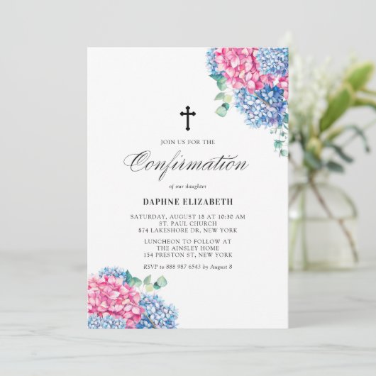 Invitation Aquarelle rose et bleu Hydrangée Confirmation (Debout devant)