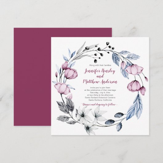 Invitation Aquarelle rose et bleu Mariage de couronnes floral (Devant / Derrière)