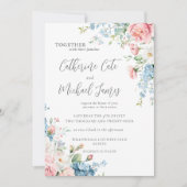Invitation Aquarelle rose et bleu Mariage Floral (Devant)