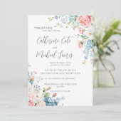 Invitation Aquarelle rose et bleu Mariage Floral (Debout devant)