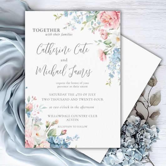 Invitation Aquarelle rose et bleu Mariage Floral