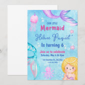 Invitation Aquarelle rose et bleu sucrée sirène Anniversaire (Devant / Derrière)