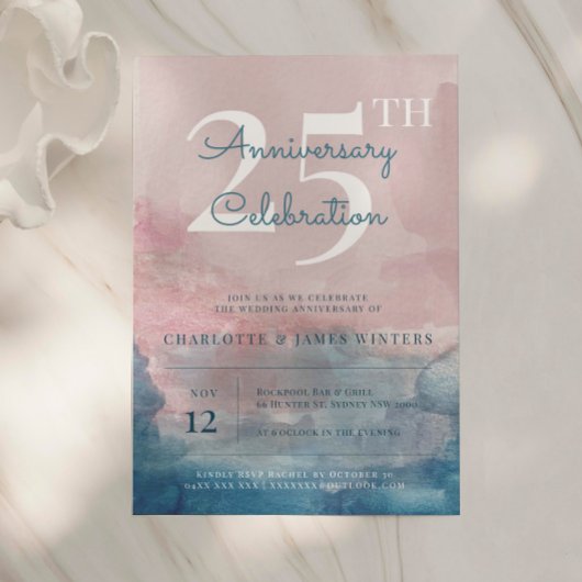 Invitation Aquarelle rose et bleue pour 25e anniversaire