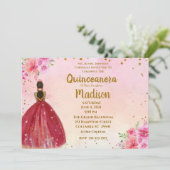 Invitation Aquarelle rose et bordeaux Quinceanera (Debout devant)