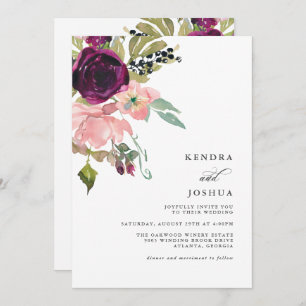 Invitation Aquarelle rose et bouquet bordeaux Mariage