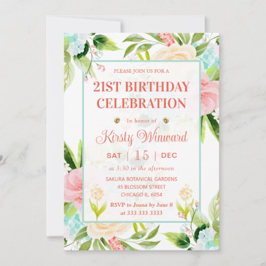 Invitation Aquarelle Rose et Fleurs de menthe Anniversaire (Devant)