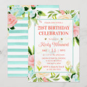 Invitation Aquarelle Rose et Fleurs de menthe Anniversaire (Devant / Derrière)