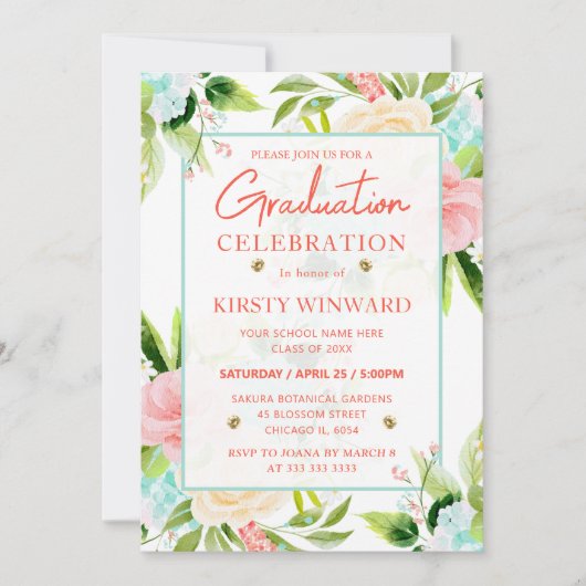 Invitation Aquarelle Rose et Fleurs de menthe Graduation (Devant)