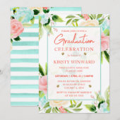 Invitation Aquarelle Rose et Fleurs de menthe Graduation (Devant / Derrière)