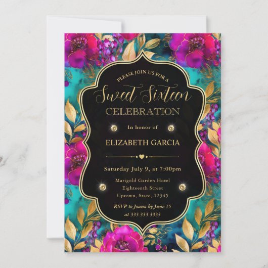 Invitation Aquarelle rose et fleurs Turquoises doux 16 (Devant)