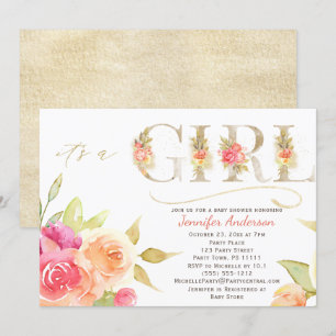 Invitation Aquarelle Rose et Gold Baby Girl Douche
